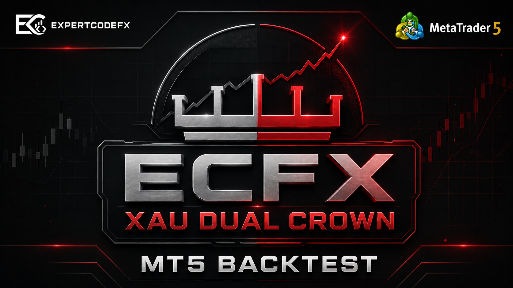ECFX XAU Dual Crown MT5 backtest cover in the ExpertCodeFX red and silver theme