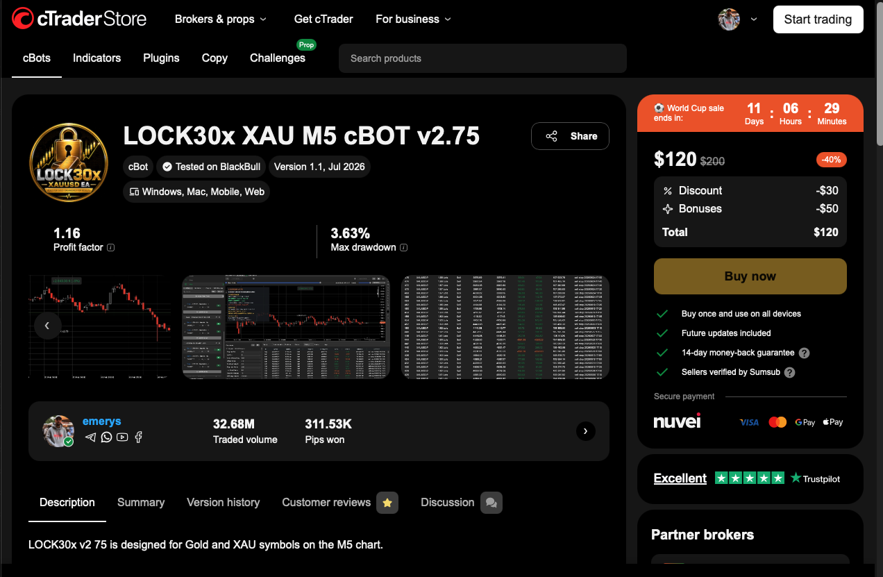 Lock30x XAU M5 cBOT v2.75 listing on cTrader Store.